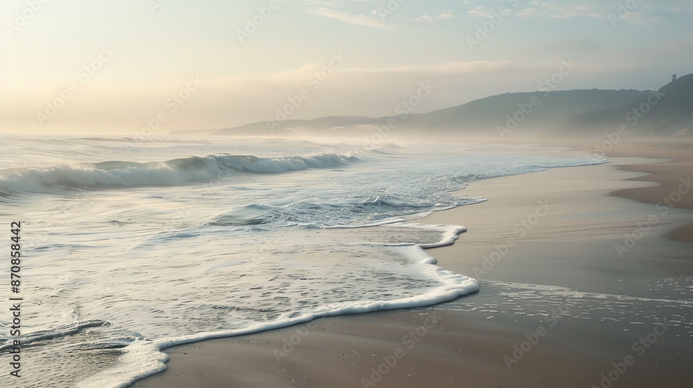 Serene ocean waves crashing on a sandy beach at sunrise, with a misty coastline in the background. Serene ocean waves crashing on a sandy beach at sunrise, with a misty coastline in the background.