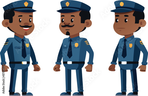 Cartoon illustration of three police officers in uniform standing together in different poses