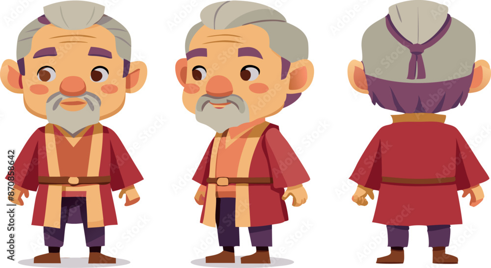 Cartoon character of elderly man in traditional attire, front, side, and back views Cartoon character of elderly man in traditional attire, front, side, and back views