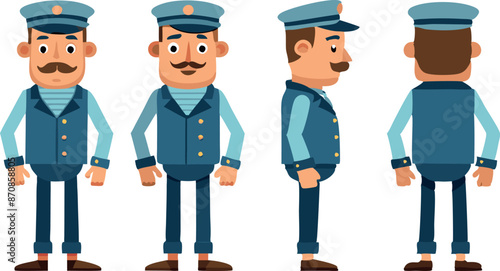 Character design of joyful cartoon train conductor in uniform from different angles