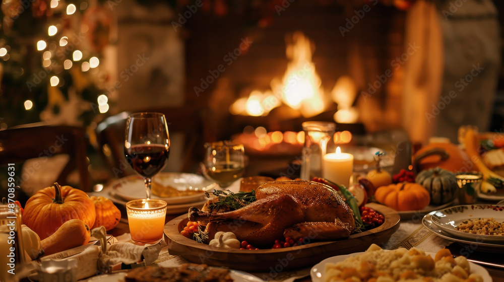 Cozy Thanksgiving Dinner by the Fireplace with Roasted Turkey, Candles, and Festive Decorations Cozy Thanksgiving Dinner by the Fireplace with Roasted Turkey, Candles, and Festive Decorations
