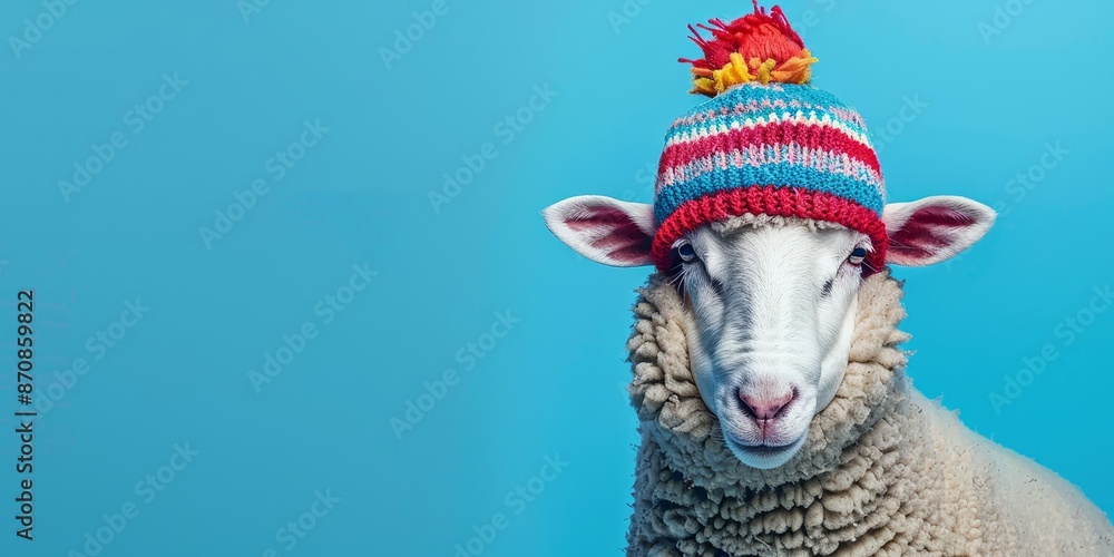 Naklejka premium Sheep Wearing Colorful Knitted Hat on Blue Background Minimalistic