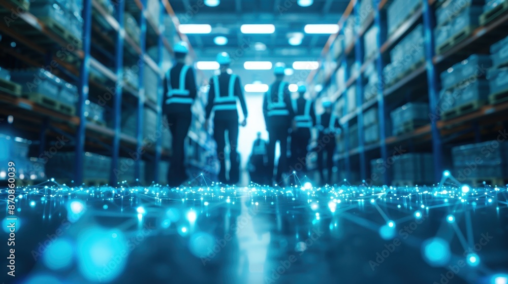 A modern warehouse with workers in safety vests, illuminated by bright blue lights on the floor, highlighting a high-tech environment. A modern warehouse with workers in safety vests, illuminated by bright blue lights on the floor, highlighting a high-tech environment.