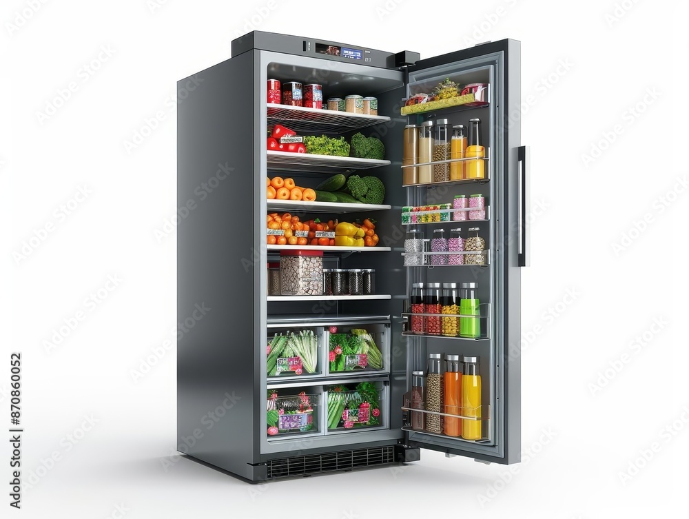 A modern frost-free refrigerator full of fresh and healthy food. A modern frost-free refrigerator full of fresh and healthy food.