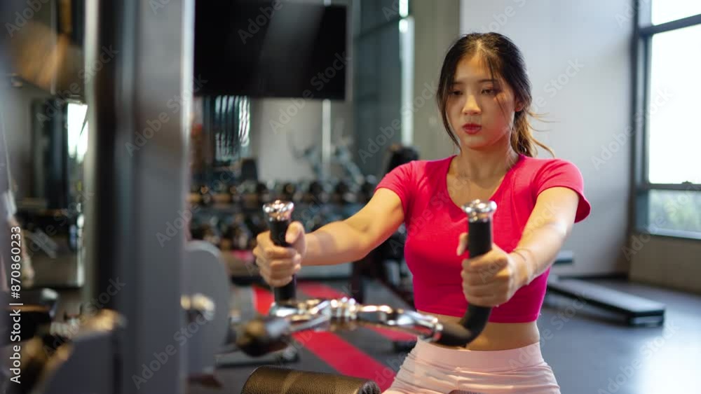 Young asian woman doing exercises in fitness, exercises to strengthen muscles and strength, lose body fat burning, pre-workout warm-up, Concept of health care, Pretty fit girl having cardio Young asian woman doing exercises in fitness, exercises to strengthen muscles and strength, lose body fat burning, pre-workout warm-up, Concept of health care, Pretty fit girl having cardio