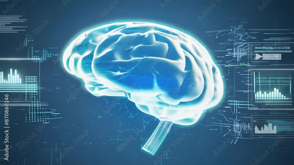 A glowing blue brain animation against a digital background A glowing blue brain animation against a digital background