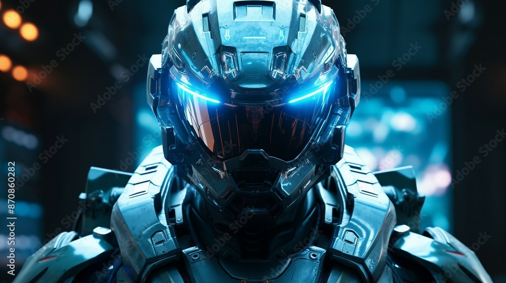 Cutting-Edge Robotic Suit with Sleek Armor and Blue Light Accents in a Sci-Fi Setting. Generative AI Cutting-Edge Robotic Suit with Sleek Armor and Blue Light Accents in a Sci-Fi Setting. Generative AI