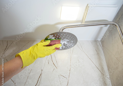 Washing the shower head in the bathroom with a cleaning and bleaching product. Cleaning service, copy space for text