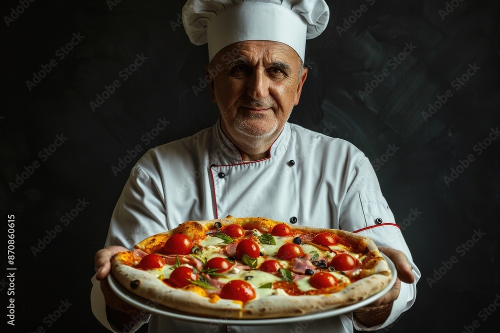 A chef holds a freshly baked pizza, ready to be served A chef holds a freshly baked pizza, ready to be served