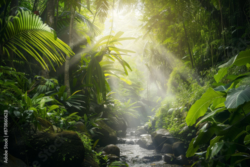 Lush Tropical Rainforest with Sunlit Canopy and Serene Stream Flowing Among Dense Vegetation © smth.design