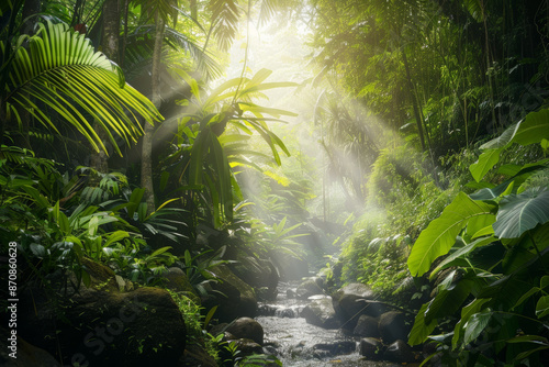 Lush Tropical Rainforest with Sunlit Canopy and Serene Stream Flowing Among Dense Vegetation