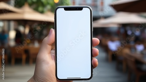 Woman with smartphone mockup in coffee shop for contact marketing  ad space on wooden background