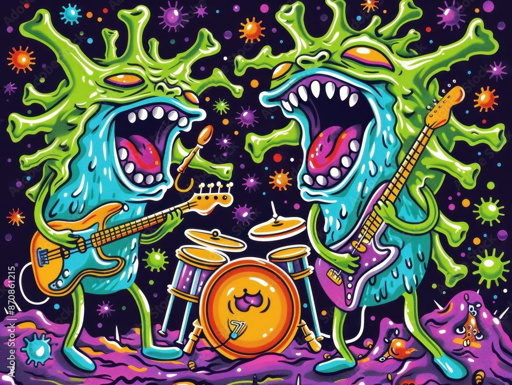Obraz premium Vibrant alien musicians rocking out with guitars and drums in a psychedelic interstellar concert scene. Cartoonish and surreal illustration.