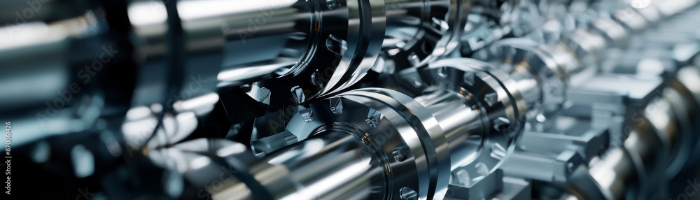 Fototapeta premium Close Up of Industrial Metal Pipes and Valves with Reflective Surfaces in a Mechanical Setting