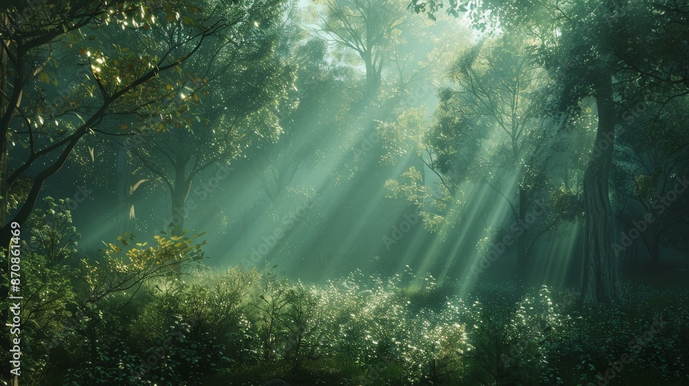 Obraz premium Sunbeams Through the Forest.