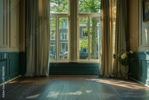 Interior of a room with green walls, wooden floor and window