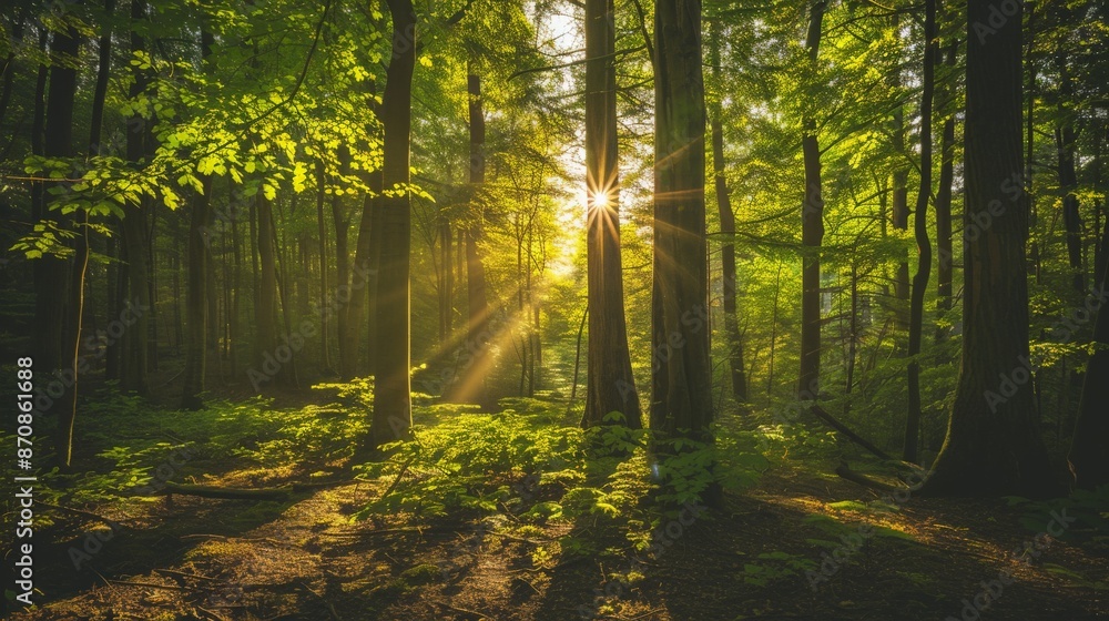 Obraz premium Sunlight Streaming Through Forest Trees.