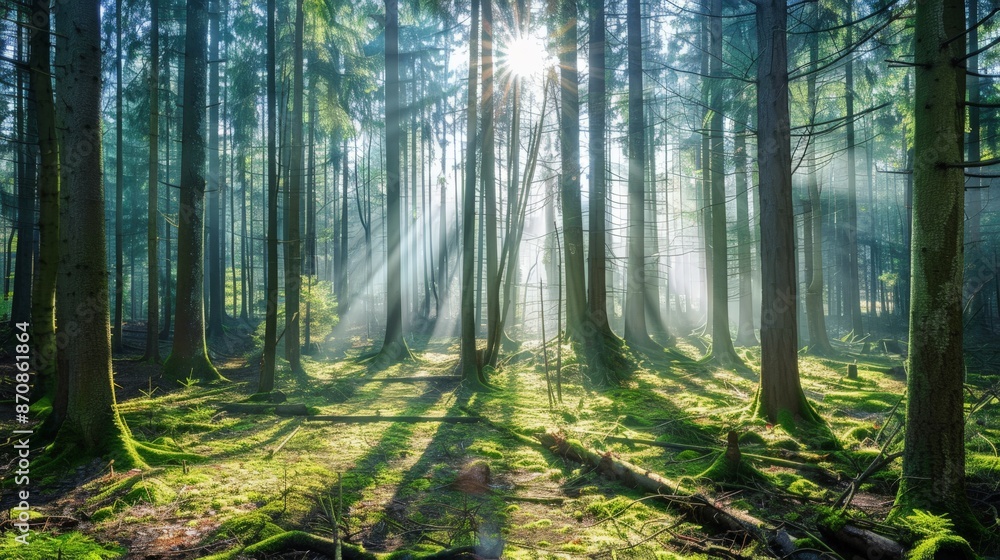 Obraz premium Sunbeams Through Forest Trees.