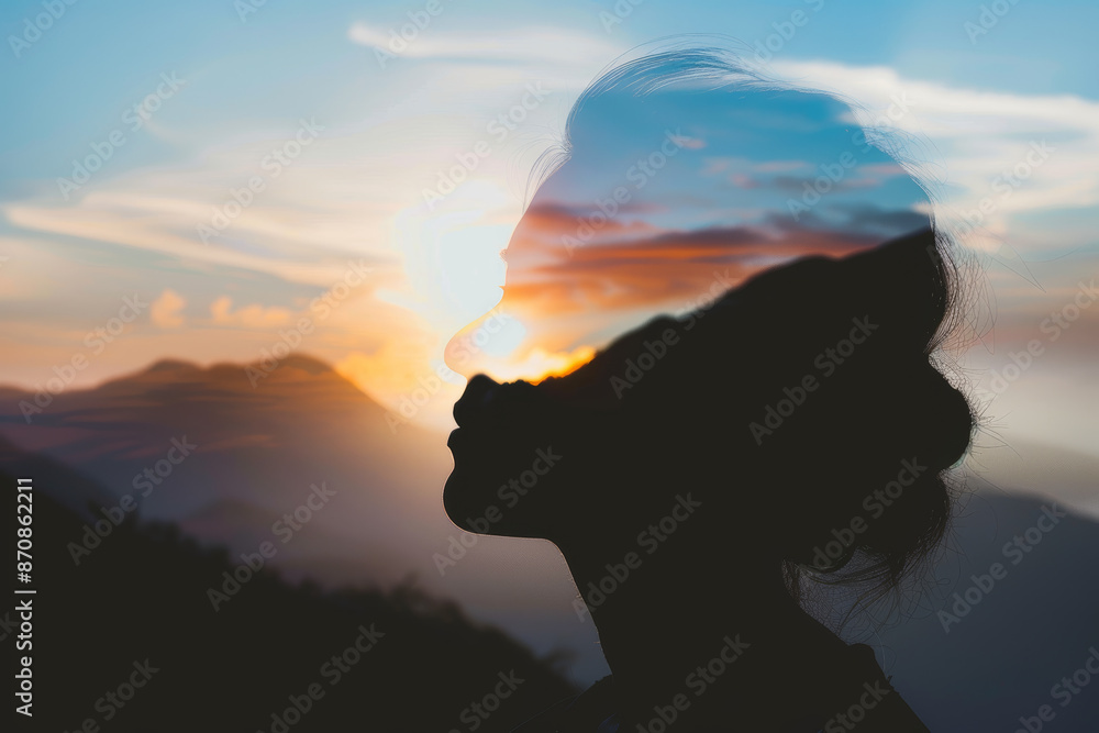 Double Exposure Silhouette of Woman Against Sunset Mountain Landscape Skyline Double Exposure Silhouette of Woman Against Sunset Mountain Landscape Skyline