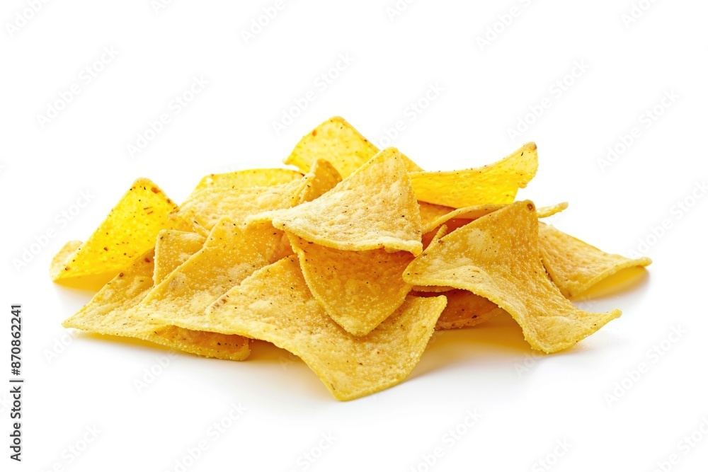 A stack of crispy tortilla chips on a clean white background, ready for snacking or serving A stack of crispy tortilla chips on a clean white background, ready for snacking or serving