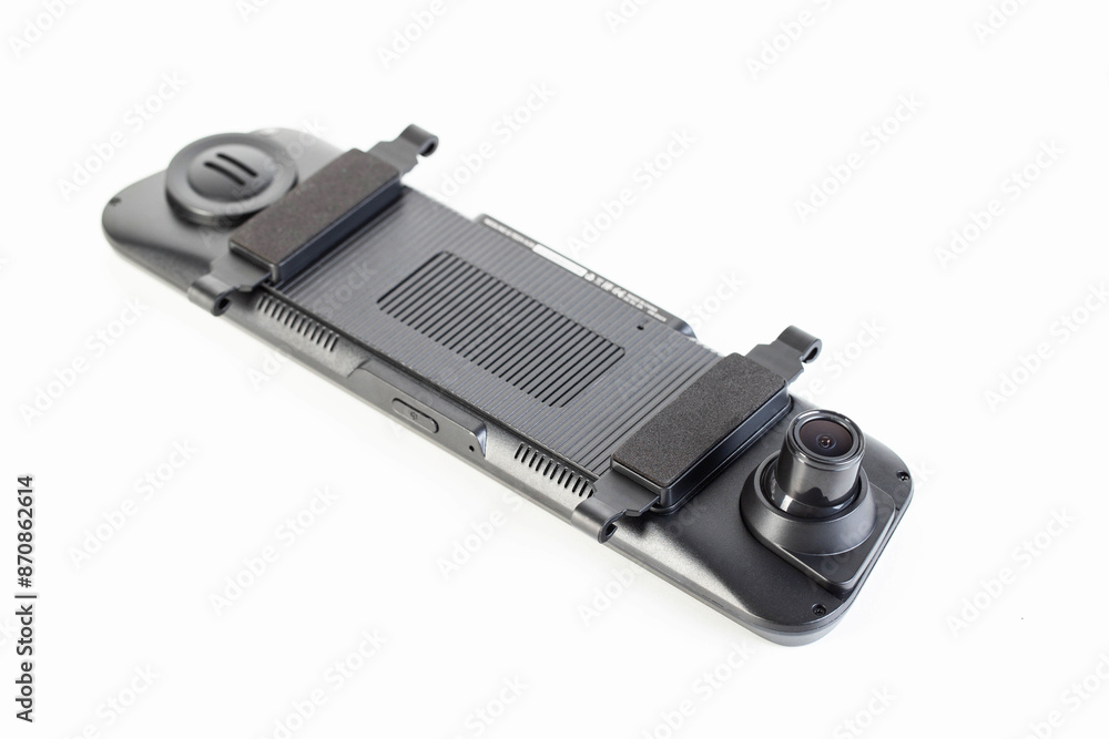 Car mirror with rear view camera and video recorder on a white background, isolate, close-up Car mirror with rear view camera and video recorder on a white background, isolate, close-up