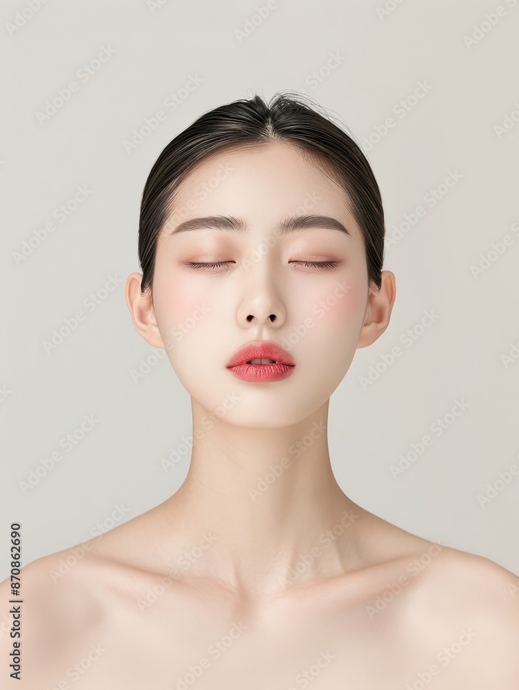 Serene portrait of a woman with closed eyes, showcasing natural beauty and tranquility against a soft background. Serene portrait of a woman with closed eyes, showcasing natural beauty and tranquility against a soft background.