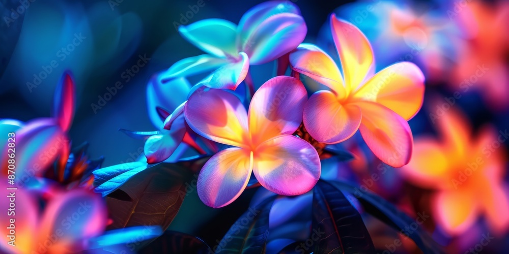 Vivid Tropical Plumeria Flowers in Neon Lighting Vivid Tropical Plumeria Flowers in Neon Lighting