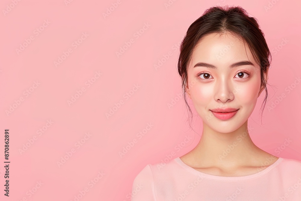 Portrait of a young woman with natural makeup on a pastel pink background, showcasing beauty and elegance. Portrait of a young woman with natural makeup on a pastel pink background, showcasing beauty and elegance.
