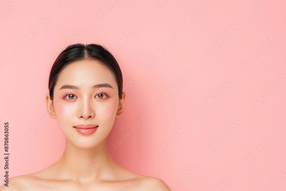 Portrait of a young woman with clear skin and natural makeup against a pink background. Beauty and skincare concept. Portrait of a young woman with clear skin and natural makeup against a pink background. Beauty and skincare concept.