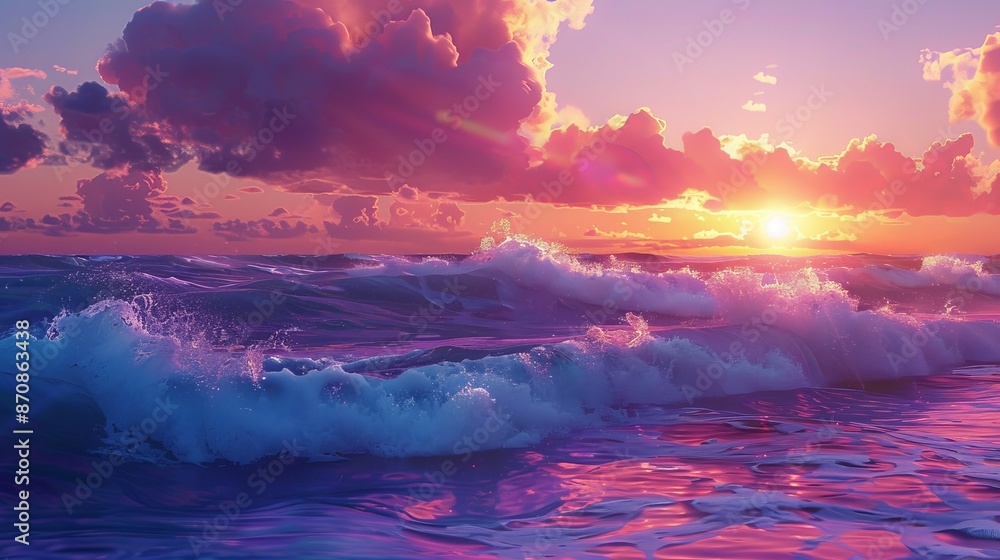 Fototapeta premium Sunset over the ocean with waves.