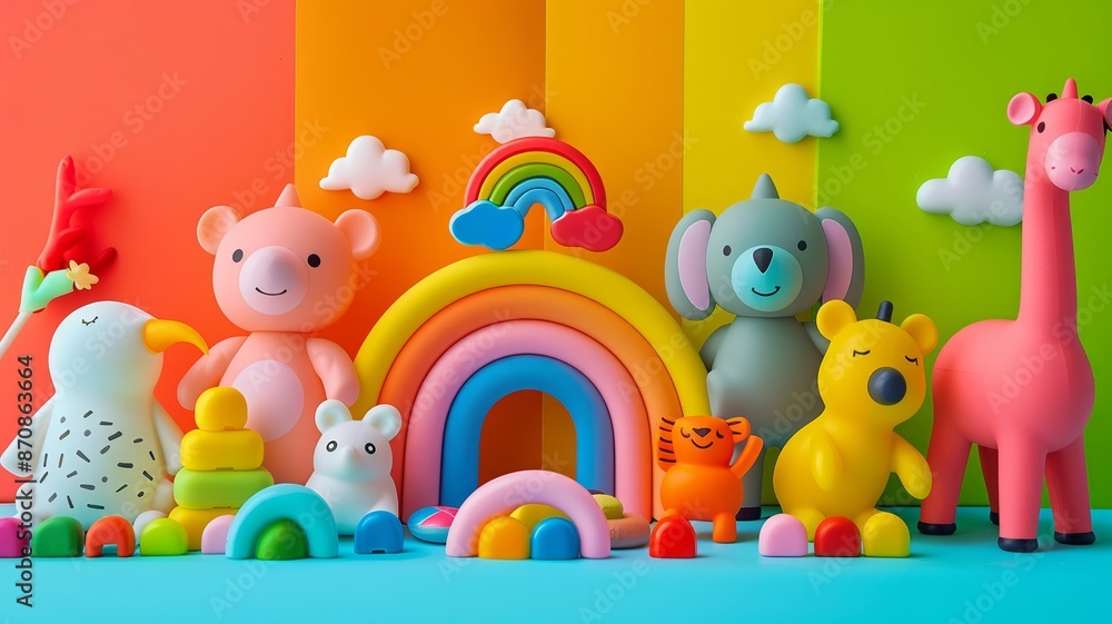 Colorful Playful Animal Figurines against a Vibrant Rainbow Background Colorful Playful Animal Figurines against a Vibrant Rainbow Background