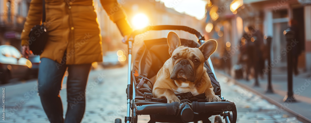 High-resolution 8k image of a cute dog sitting calmly in a pet stroller on a vibrant city street, with its owner standing beside, studio light High-resolution 8k image of a cute dog sitting calmly in a pet stroller on a vibrant city street, with its owner standing beside, studio light