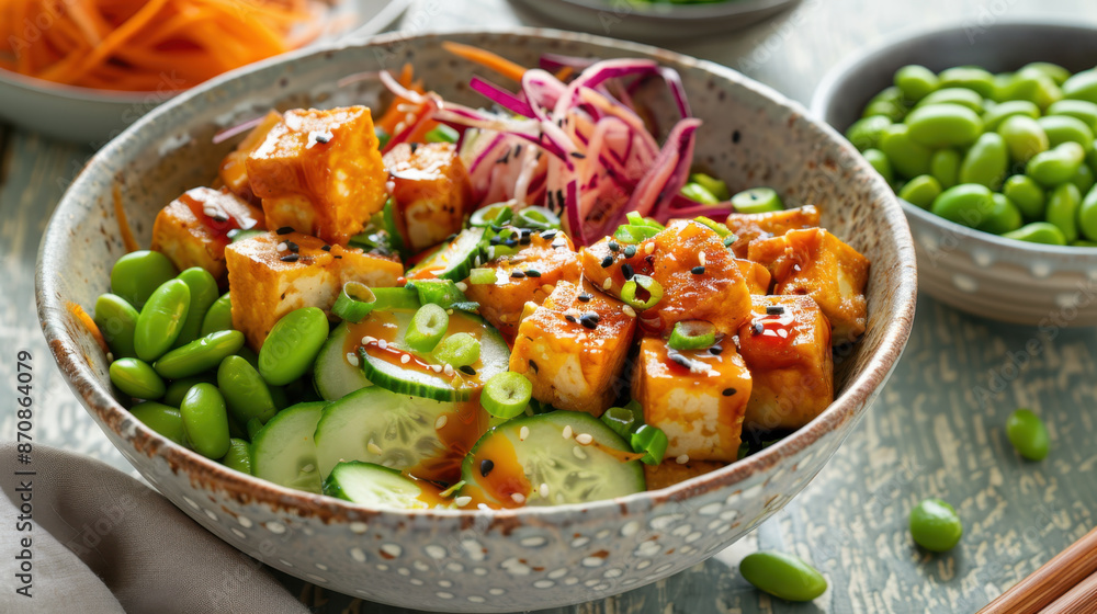 Healthy vegan buddha bowl with tofu, edamame, cucumber, shredded carrots, and red cabbage, topped with sesame seeds and green onions Healthy vegan buddha bowl with tofu, edamame, cucumber, shredded carrots, and red cabbage, topped with sesame seeds and green onions