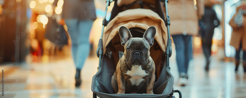 Photo-realistic 8k image of a little French Bulldog sitting in a comfortable pet stroller, highlighted by the presence of its owner in a park, bokeh background Photo-realistic 8k image of a little French Bulldog sitting in a comfortable pet stroller, highlighted by the presence of its owner in a park, bokeh background