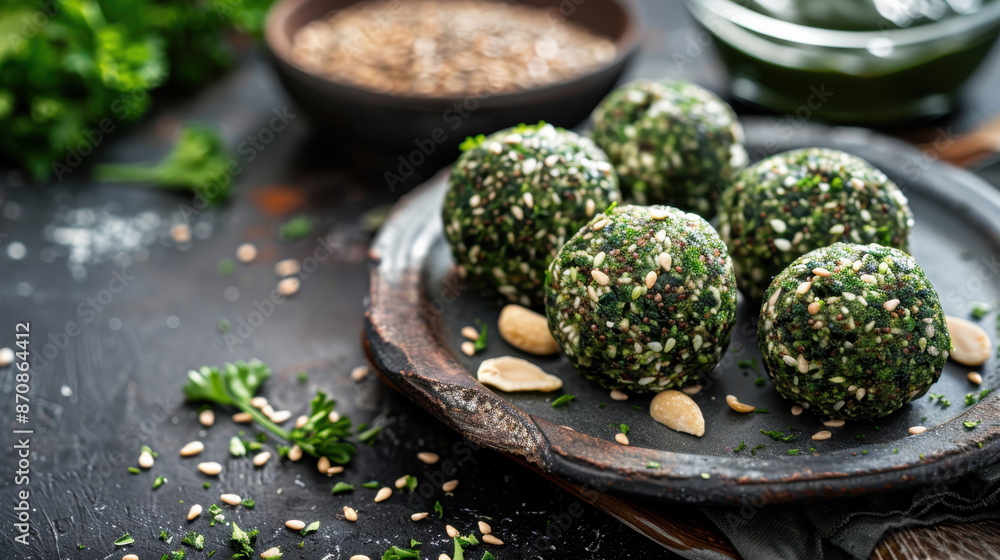 Close-up of healthy green vegetable energy balls with nuts and sesame seeds on a rustic plate Close-up of healthy green vegetable energy balls with nuts and sesame seeds on a rustic plate