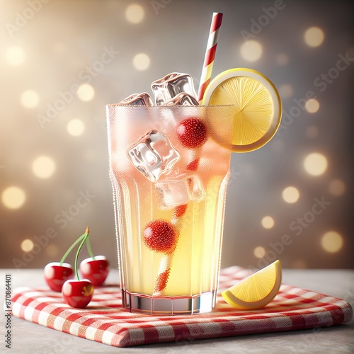 A refreshing lemonade with ice cubes, cherries, and a lemon slice is served in a tall glass with a red and white striped straw photo