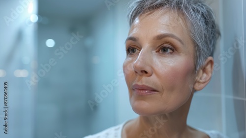 Free Download A woman with grey hair is looking at herself in the mirror. She has a white shirt on and her hair is wet - GFXLoad