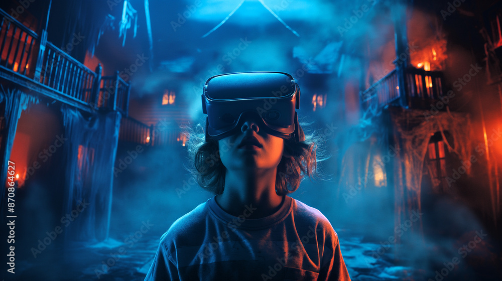 Halloween poster for a virtual reality haunted house experience, featuring ghostly apparitions and chilling screams.Generative ai illustration Halloween poster for a virtual reality haunted house experience, featuring ghostly apparitions and chilling screams.Generative ai illustration