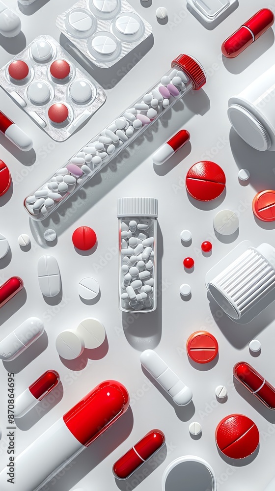 3D render of various medical supplies scattered randomly on a white background, highquality 3D illustration 3D render of various medical supplies scattered randomly on a white background, highquality 3D illustration