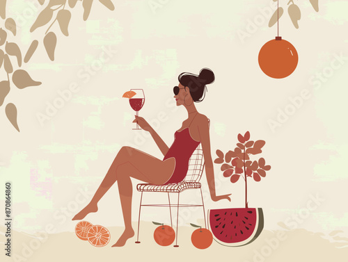Illustration of a woman drinking wine sitting in a chair with fruits