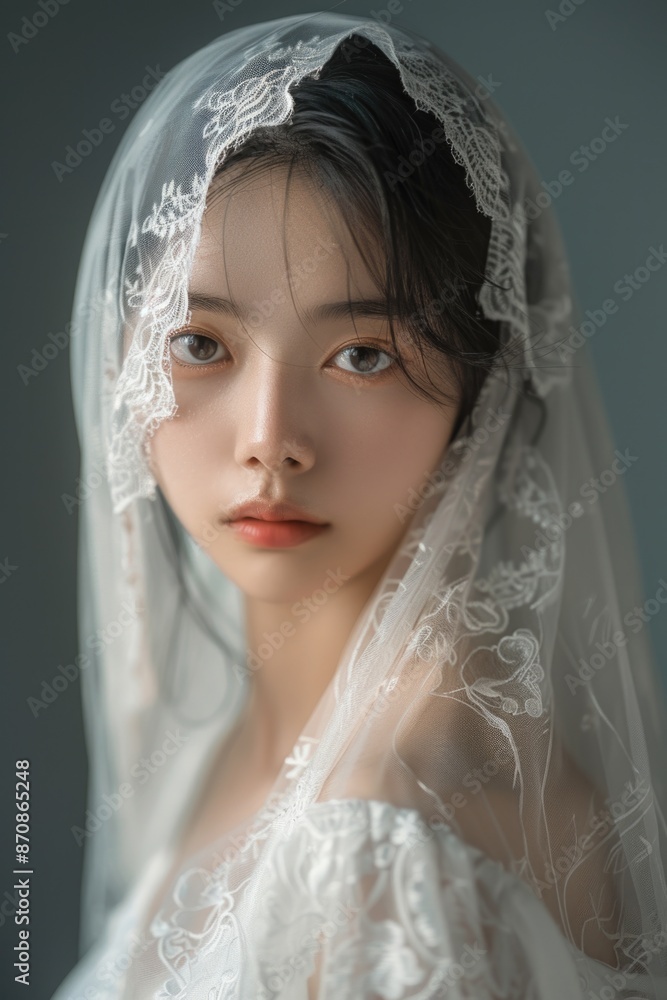 A woman wearing a white wedding dress and veil, perfect for wedding or romance themed photoshoots A woman wearing a white wedding dress and veil, perfect for wedding or romance themed photoshoots