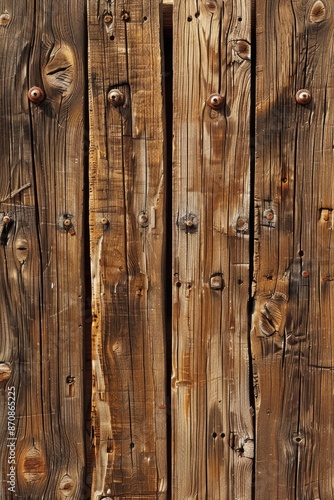 A close-up view of a wooden fence with rusty nails, suitable for use in historical or rustic themed designs