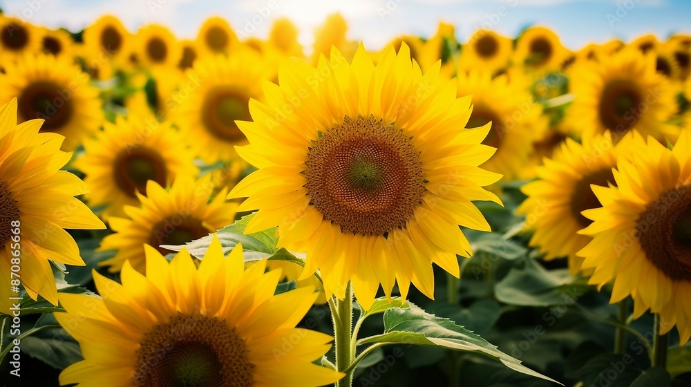 Fototapeta premium Field of Bright Yellow Sunflowers in Full Bloom Under a Clear Sky. Generative AI