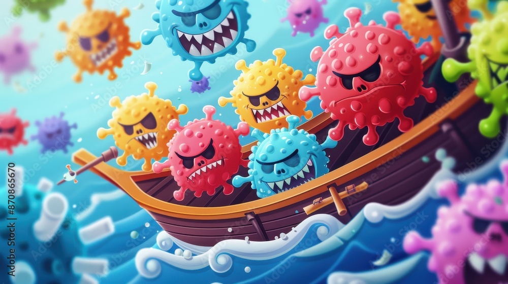 Colorful cartoon virus characters sailing on a wooden boat in the ocean, playful illustration of viruses in a sea adventure. Colorful cartoon virus characters sailing on a wooden boat in the ocean, playful illustration of viruses in a sea adventure.