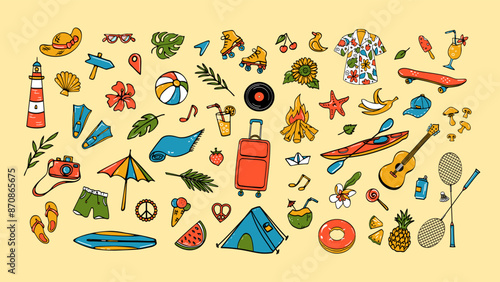 Big set of summer themed doodle objects