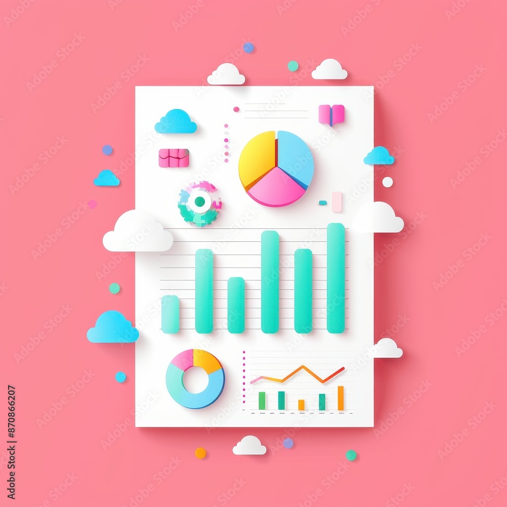 Colorful 3D graphs and charts on a pink background, representing data analysis and business growth metrics with a playful design. Colorful 3D graphs and charts on a pink background, representing data analysis and business growth metrics with a playful design.