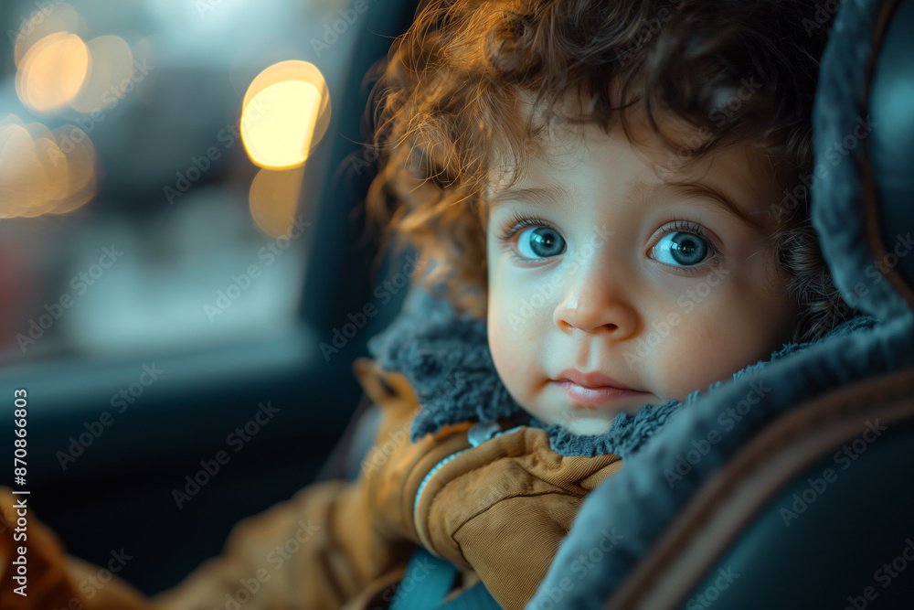 CurlyHaired Child with Blue Eyes Sitting in a Car Seat Cozy Winter Moment CurlyHaired Child with Blue Eyes Sitting in a Car Seat Cozy Winter Moment