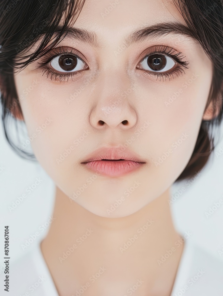 Close-up portrait of a young woman with natural makeup and expressive eyes, looking directly into the camera, with a neutral background. Close-up portrait of a young woman with natural makeup and expressive eyes, looking directly into the camera, with a neutral background.