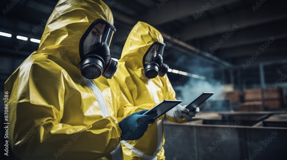 Two young workers wearing hazmat suits while using tablets at modern chemical factory Two young workers wearing hazmat suits while using tablets at modern chemical factory