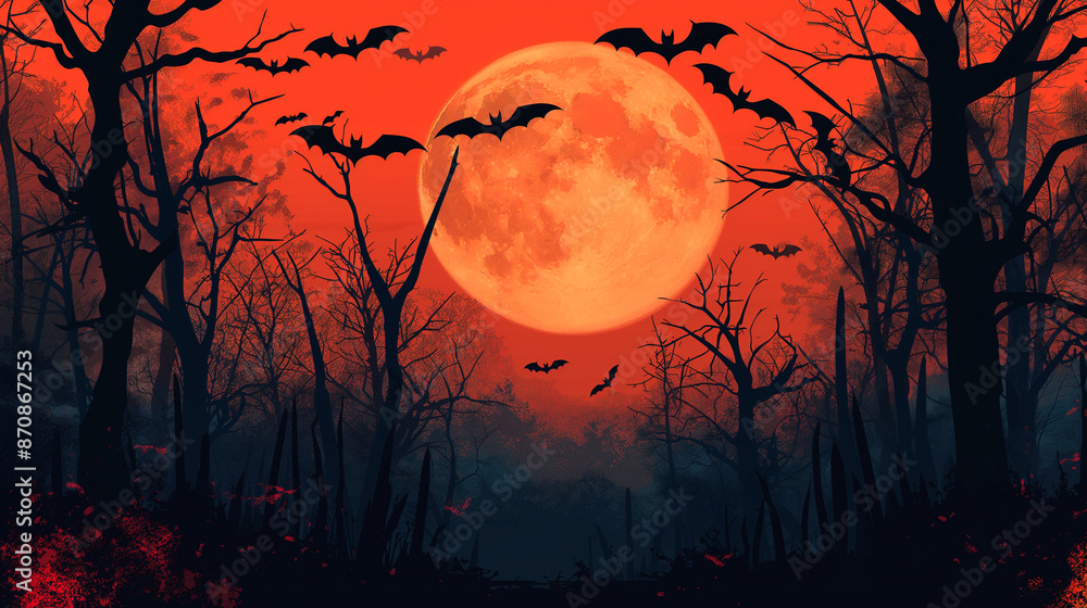 Halloween-themed social media banner with a creepy forest background and bats flying across a full moon. Generative ai illustration. Halloween-themed social media banner with a creepy forest background and bats flying across a full moon. Generative ai illustration.